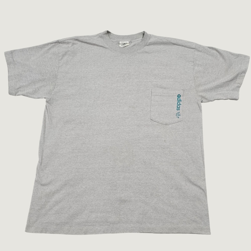 Adidas Pocket T-Shirt Mens L Gray Single Stitch Made in USA Trefoil Vintage